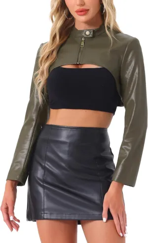 Allegra K Women's Faux Leather Cropped Top Stand Collar Zipper Front Moto Biker Long Sleeve Jacket Coat