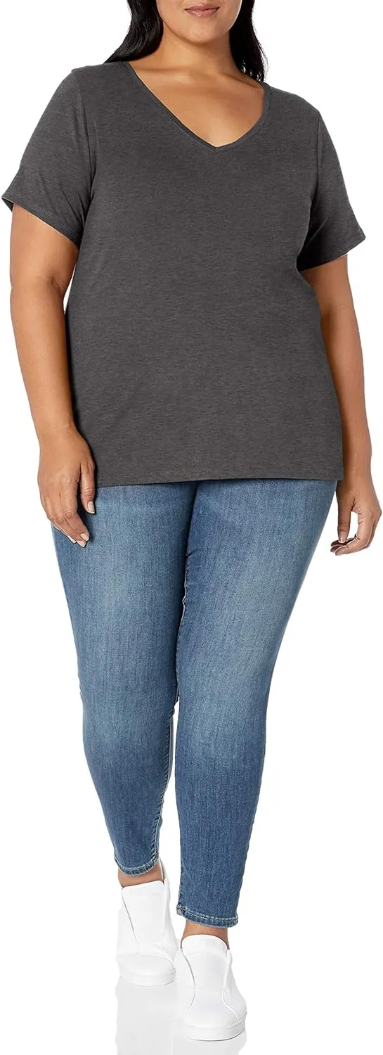 Amazon Essentials Women's Plus Size Short-Sleeve V-Neck T-Shirt, Multipacks