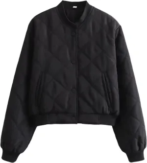 Bomber Jacket Women Dolman Quilted Jackets Lightweight Fall Clothes Casual Coat Button Down Outwear Windbreaker Pocket