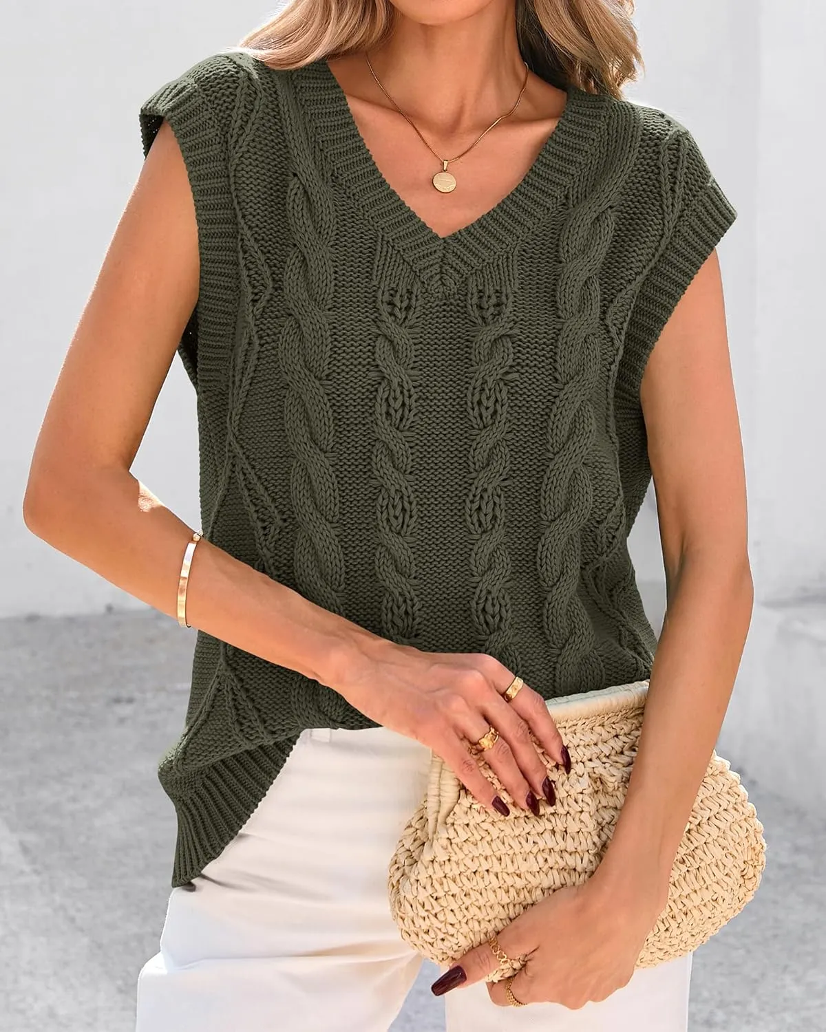 BTFBM Womens Oversized Sweater Vest 2025 Summer V Neck Casual Sleeveless Sweaters Loose Cable Knit Pullover Tops