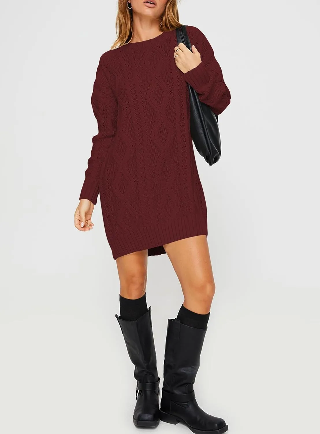 Cakulo Womens Oversized Chunky Cable Knit Mini Sweater Dress 2025 Fall Winter Pullover Long Sweaters Knitted Dresses