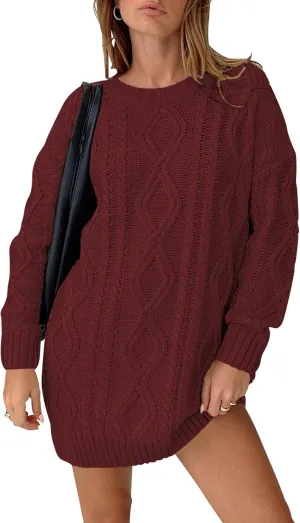 Cakulo Womens Oversized Chunky Cable Knit Mini Sweater Dress 2025 Fall Winter Pullover Long Sweaters Knitted Dresses
