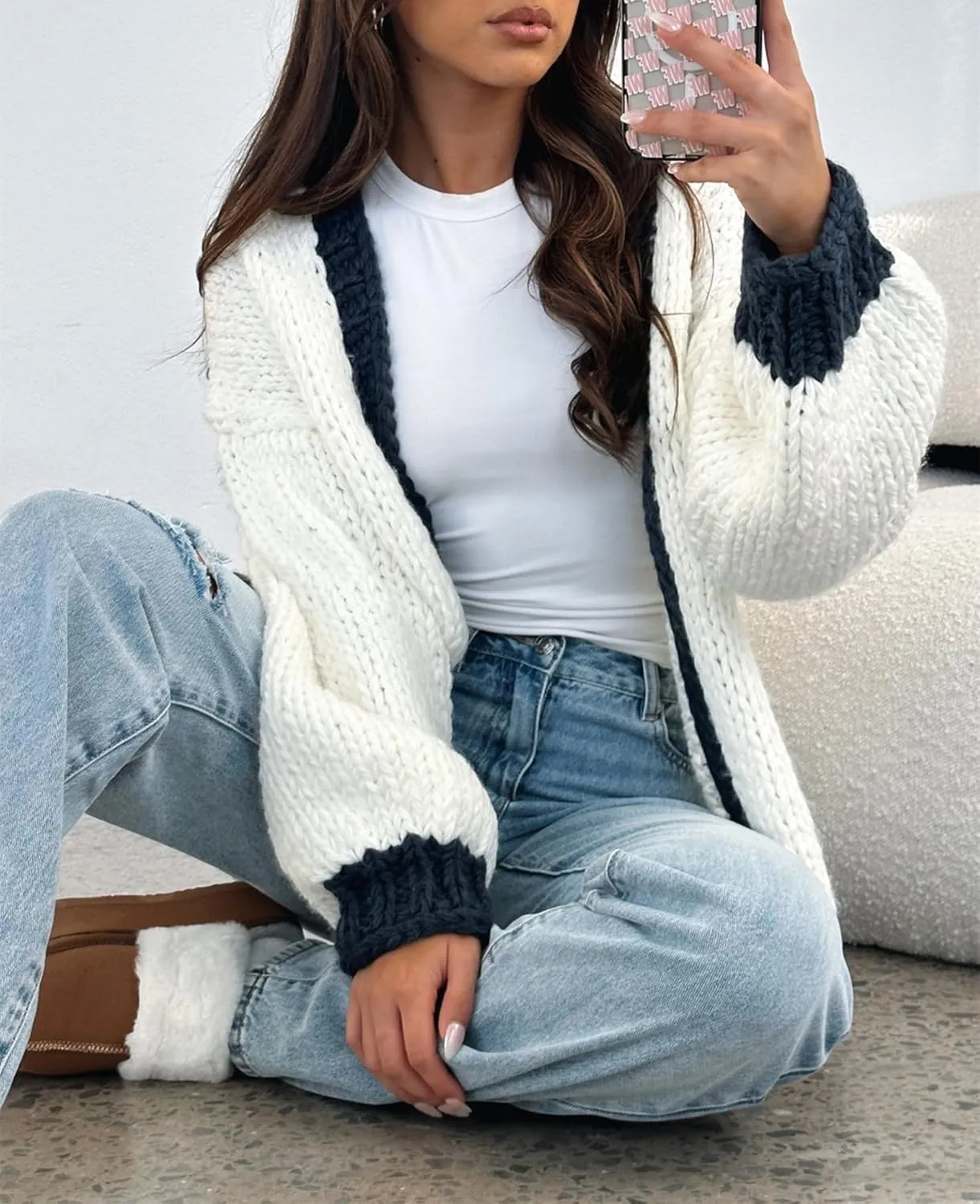 Chunky Cropped Cardigan for Women Open Front Long Sleeve Cable Knit Oversized Sweater Cute Cardigans for Teen Girls