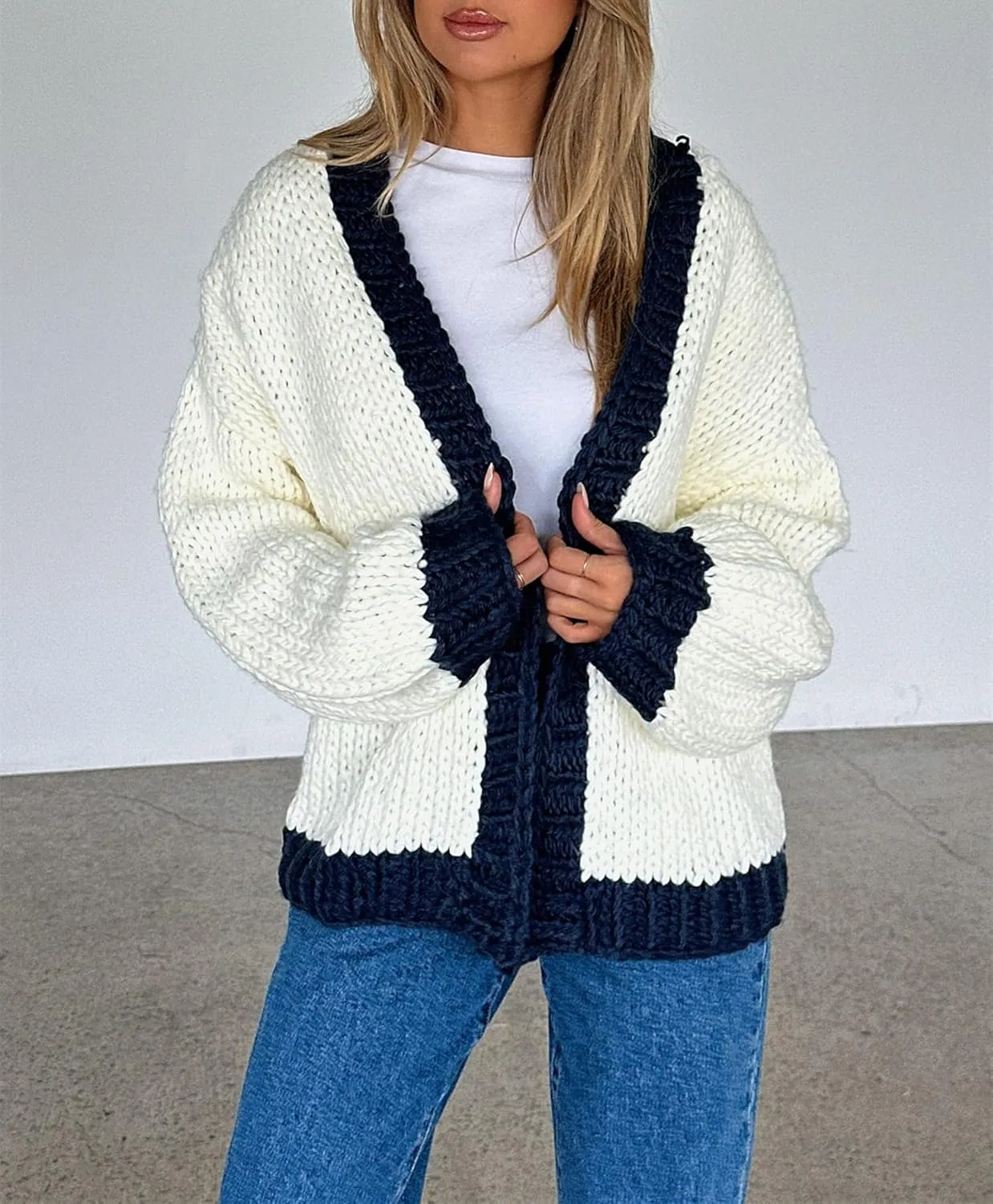 Chunky Cropped Cardigan for Women Open Front Long Sleeve Cable Knit Oversized Sweater Cute Cardigans for Teen Girls