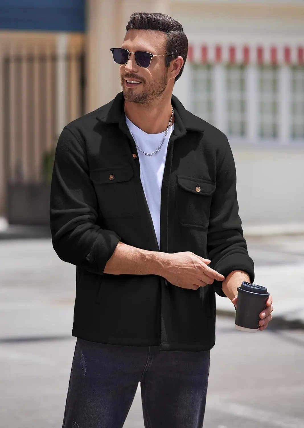 COOFANDY Men's Polar Fleece Shacket Long Sleeve Casual Button Down Shirt Jacket with Pockets