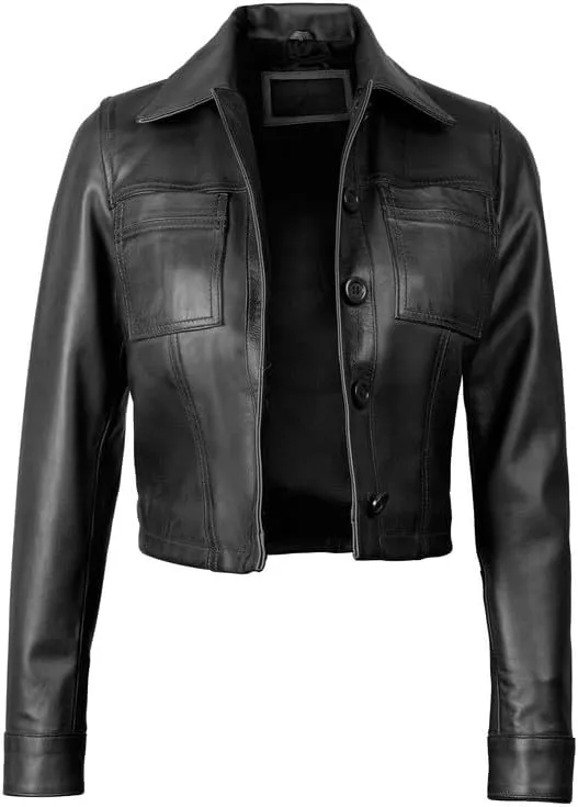 Decrum Cropped Leather Jacket Women  Trendy Short Real Lambskin Womens Leather Jacket