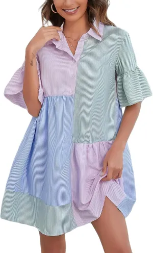 ebossy Women's Polo Collar Color Block Striped Shirt Dress Bell Sleeves Casual Loose Tiered Flowy Swing Mid Dress