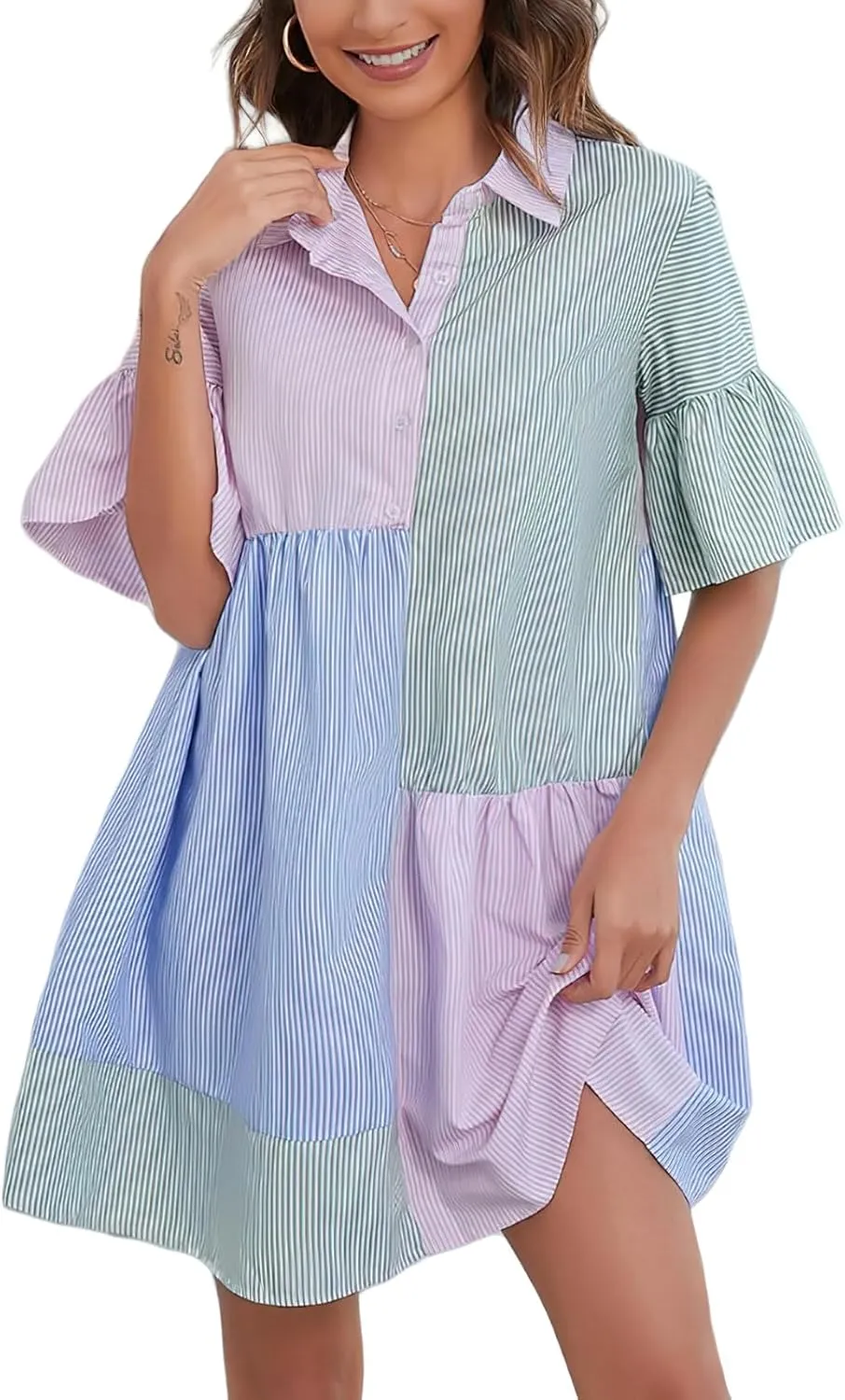 ebossy Women's Polo Collar Color Block Striped Shirt Dress Bell Sleeves Casual Loose Tiered Flowy Swing Mid Dress