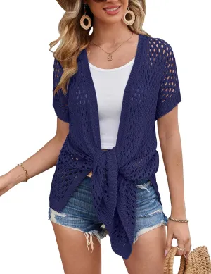 GRACE KARIN Mesh Cardigan Sweaters for Women Crochet Short Sleeve Open-Front Long Cardigan Cover ups Knitted Sheer Tops