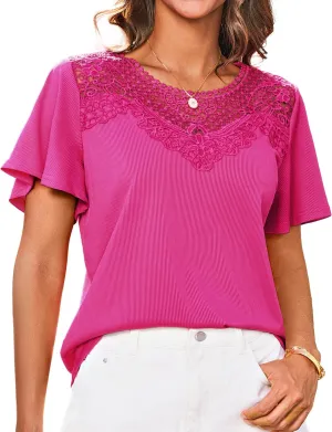 GRACE KARIN Womens Summer Tops Ruffle Sleeve 2025 Trendy Lace Floral Crew Neck Ribbed T Shirts Dressy Casual Blouses