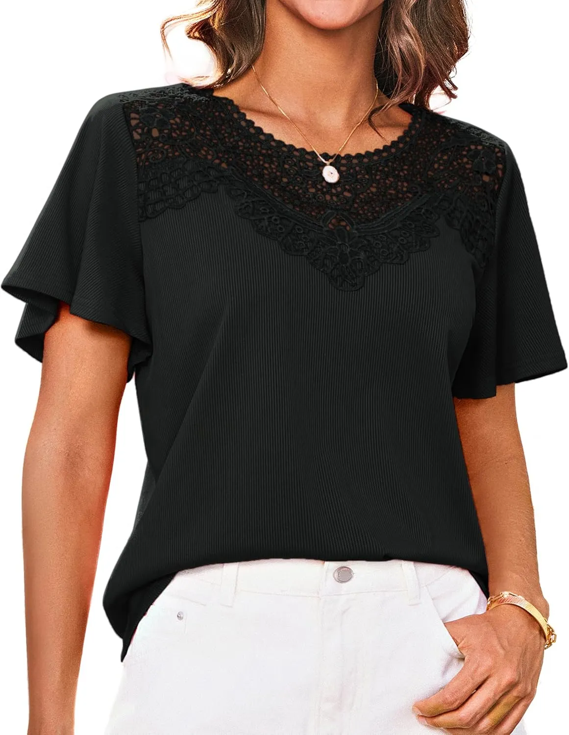 GRACE KARIN Womens Summer Tops Ruffle Sleeve 2025 Trendy Lace Floral Crew Neck Ribbed T Shirts Dressy Casual Blouses