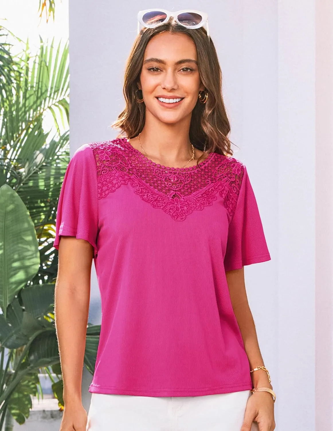 GRACE KARIN Womens Summer Tops Ruffle Sleeve 2025 Trendy Lace Floral Crew Neck Ribbed T Shirts Dressy Casual Blouses