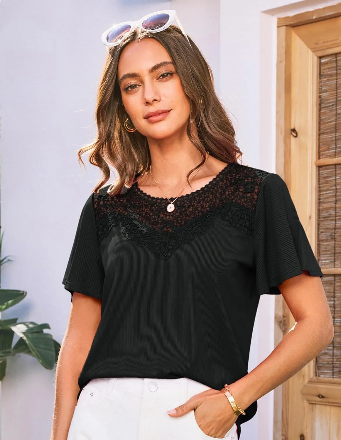 GRACE KARIN Womens Summer Tops Ruffle Sleeve 2025 Trendy Lace Floral Crew Neck Ribbed T Shirts Dressy Casual Blouses