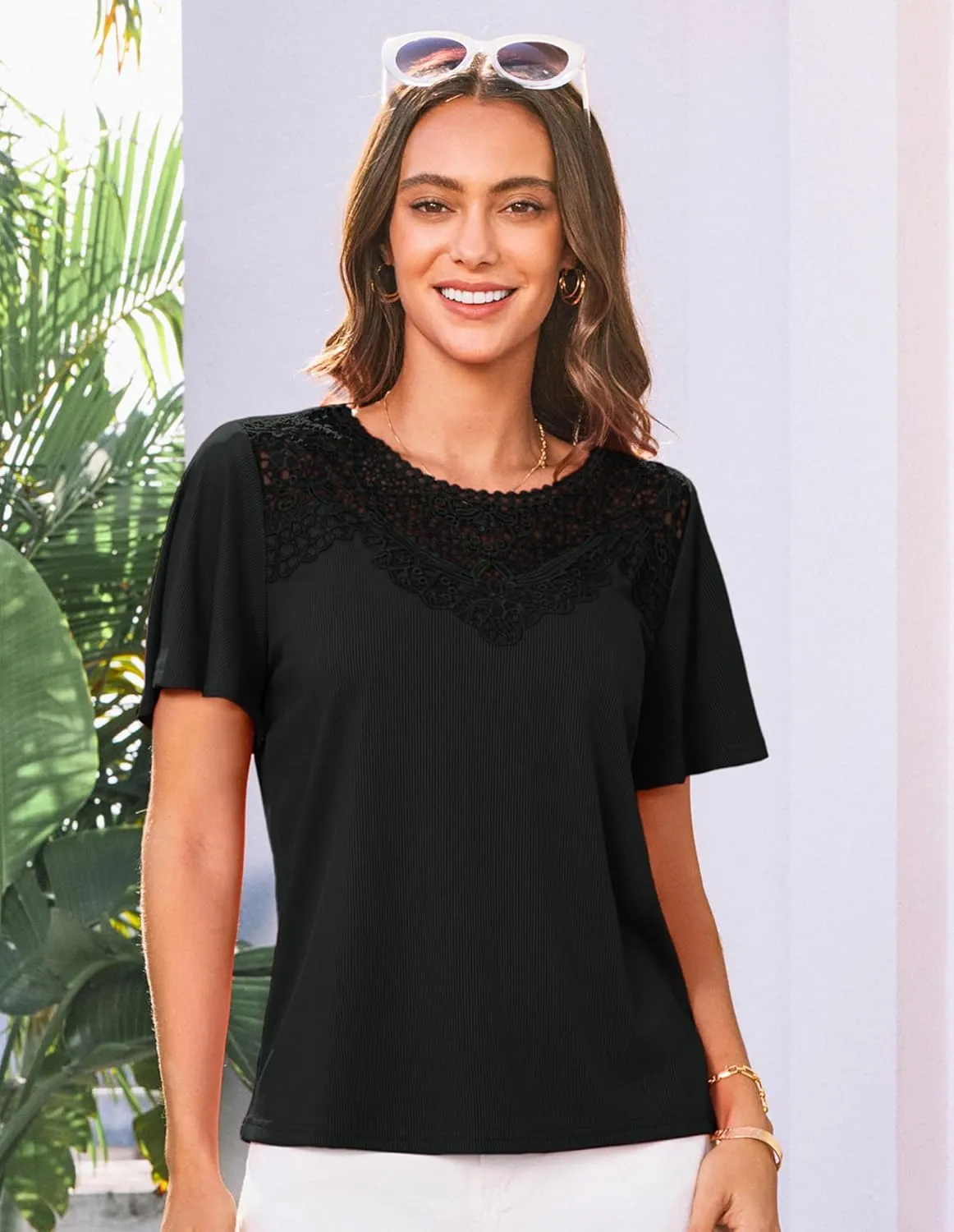 GRACE KARIN Womens Summer Tops Ruffle Sleeve 2025 Trendy Lace Floral Crew Neck Ribbed T Shirts Dressy Casual Blouses