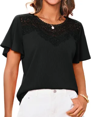 GRACE KARIN Womens Summer Tops Ruffle Sleeve 2025 Trendy Lace Floral Crew Neck Ribbed T Shirts Dressy Casual Blouses