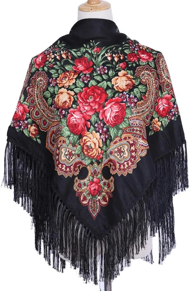 Gudessly Women's Traditional Scarf Wrap Tassel Shawl Fringes Neck Head Shawl Retro Scarf Floral Poncho