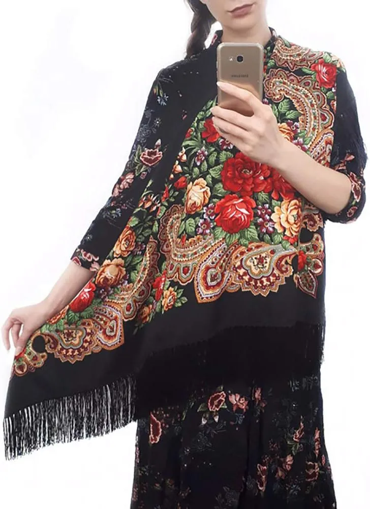 Gudessly Women's Traditional Scarf Wrap Tassel Shawl Fringes Neck Head Shawl Retro Scarf Floral Poncho