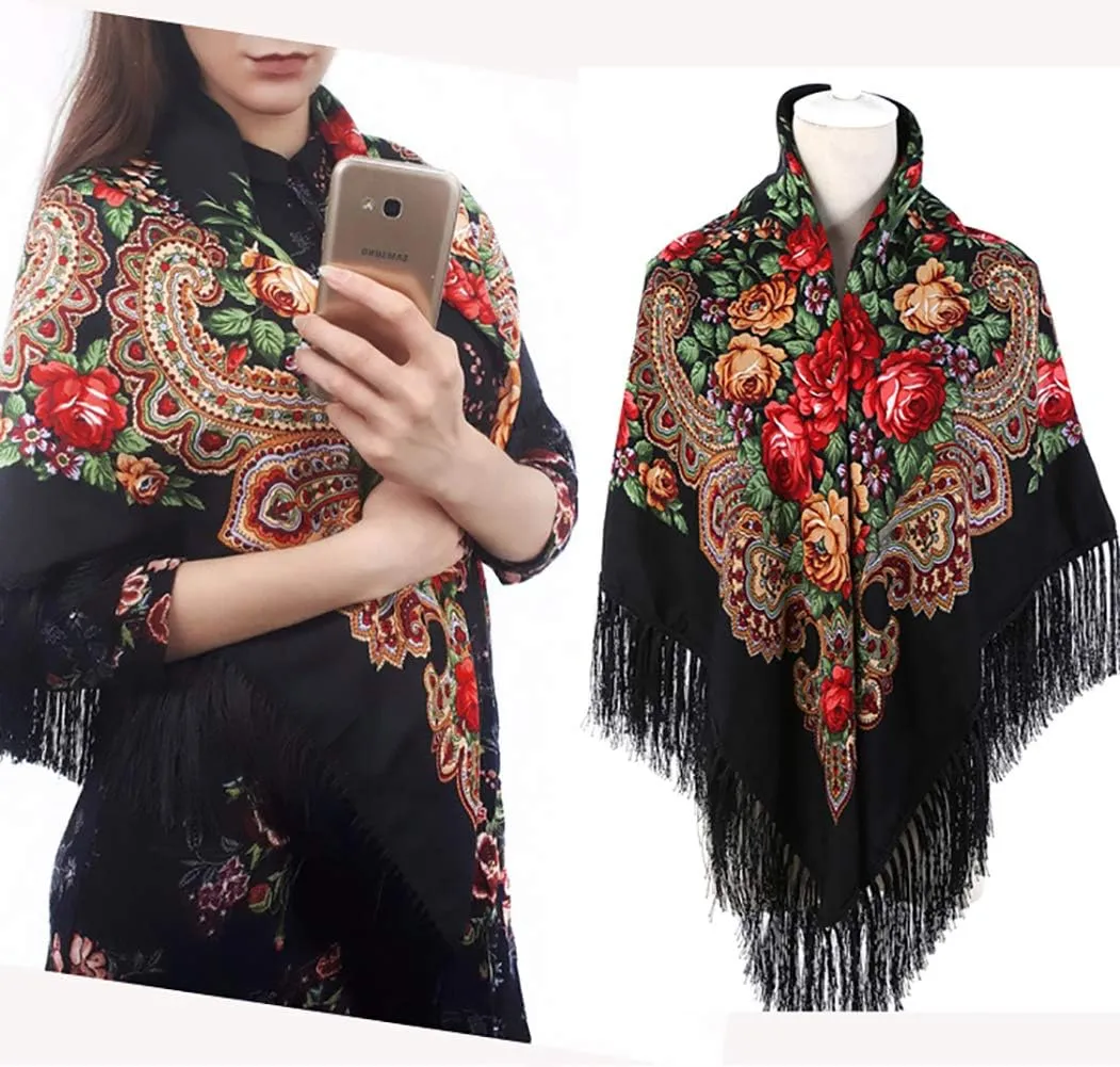 Gudessly Women's Traditional Scarf Wrap Tassel Shawl Fringes Neck Head Shawl Retro Scarf Floral Poncho