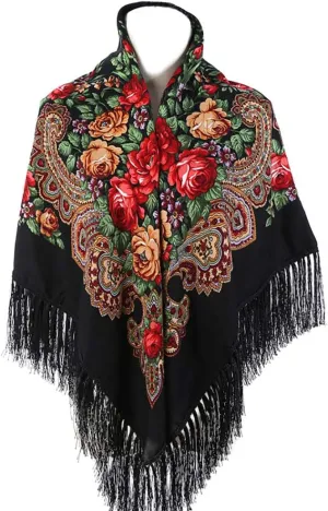 Gudessly Women's Traditional Scarf Wrap Tassel Shawl Fringes Neck Head Shawl Retro Scarf Floral Poncho