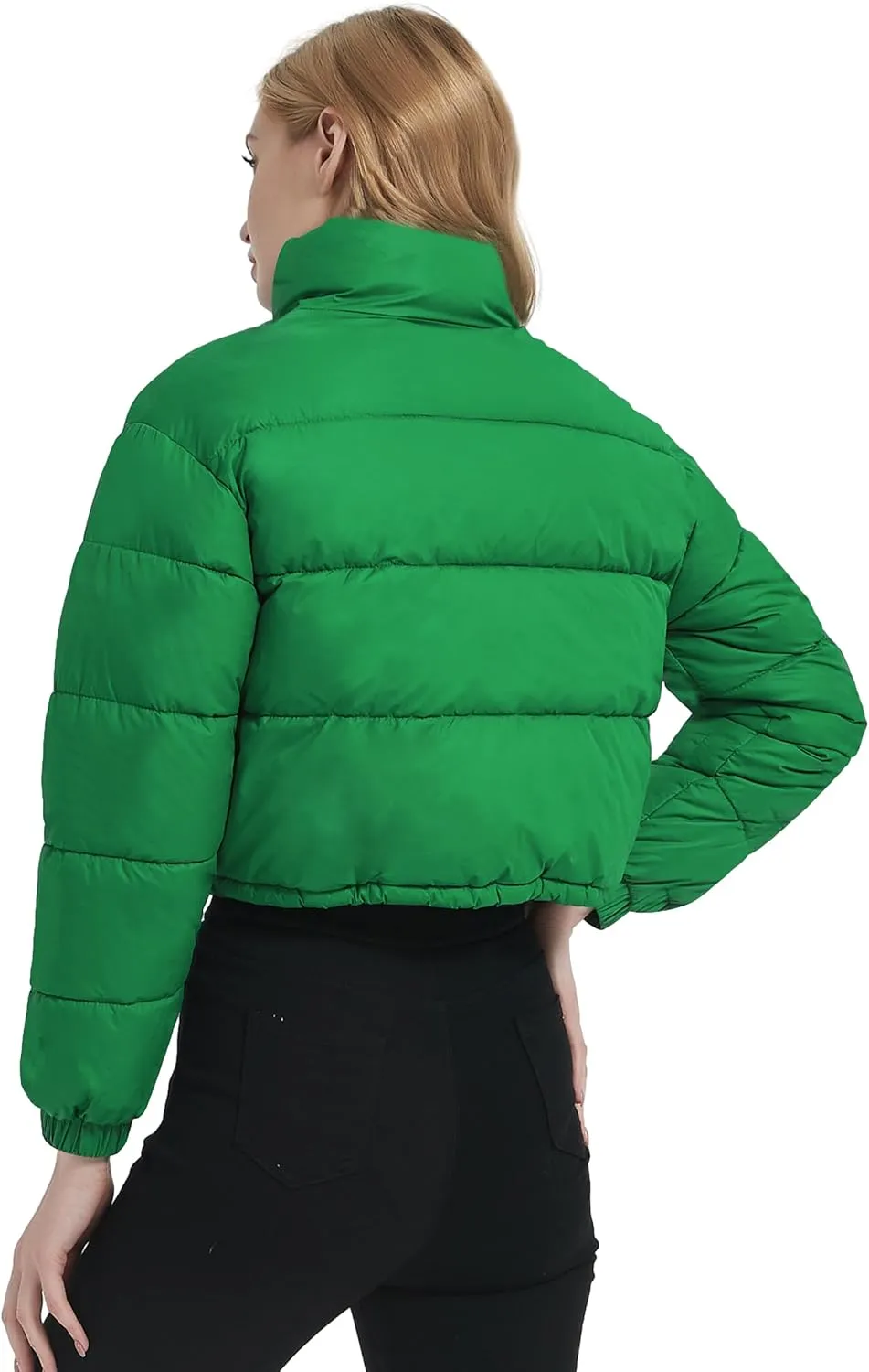 Kissonic Women's Cropped Puffer Jacket Full Zip Stand Collar Quilted Jacket Winter Coats with Pockets