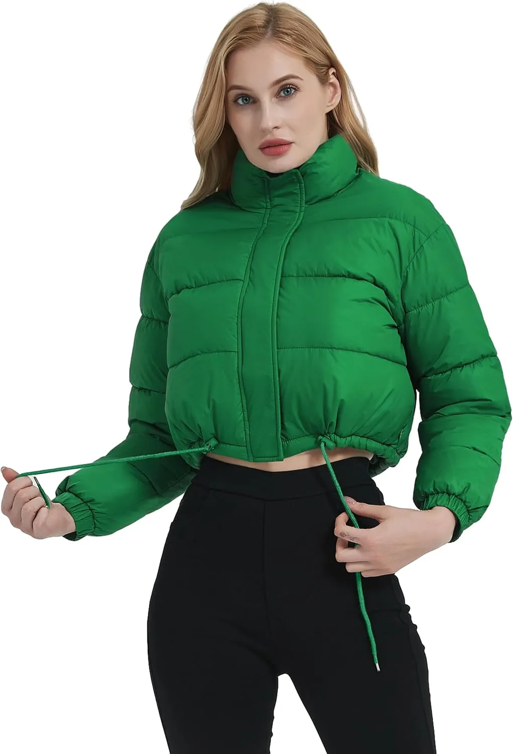 Kissonic Women's Cropped Puffer Jacket Full Zip Stand Collar Quilted Jacket Winter Coats with Pockets