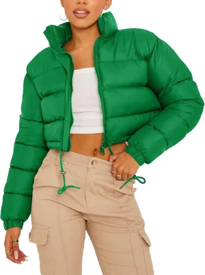 Kissonic Women's Cropped Puffer Jacket Full Zip Stand Collar Quilted Jacket Winter Coats with Pockets