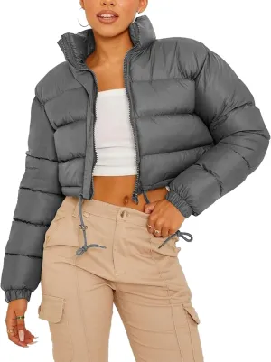 Kissonic Women's Cropped Puffer Jacket Full Zip Stand Collar Quilted Jacket Winter Coats with Pockets