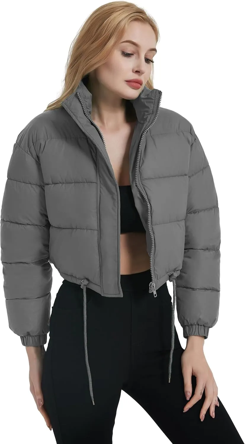 Kissonic Women's Cropped Puffer Jacket Full Zip Stand Collar Quilted Jacket Winter Coats with Pockets