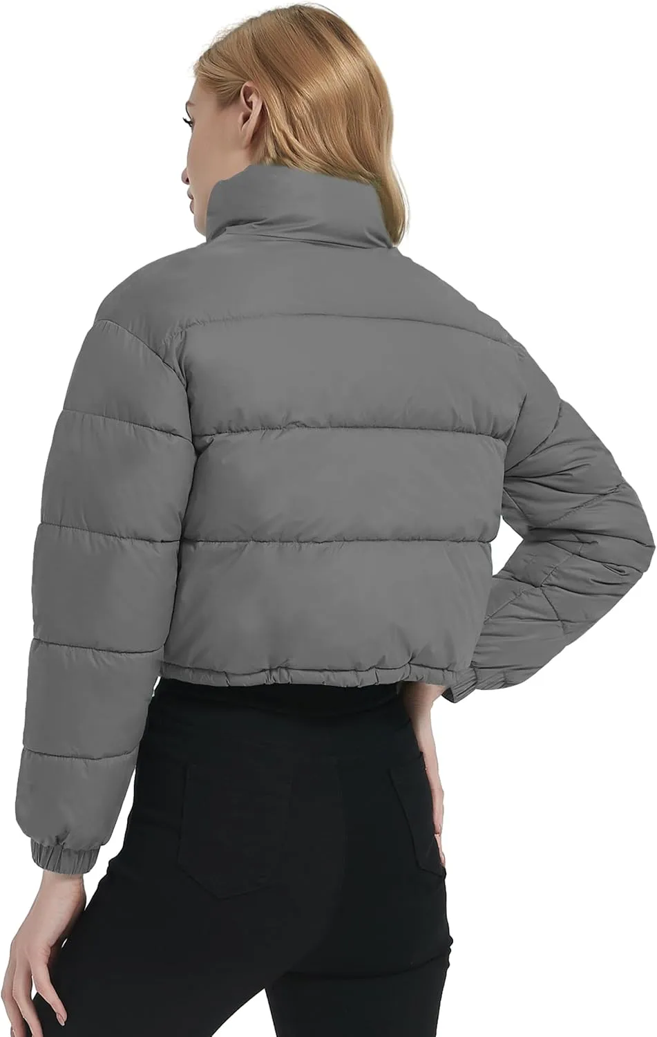 Kissonic Women's Cropped Puffer Jacket Full Zip Stand Collar Quilted Jacket Winter Coats with Pockets
