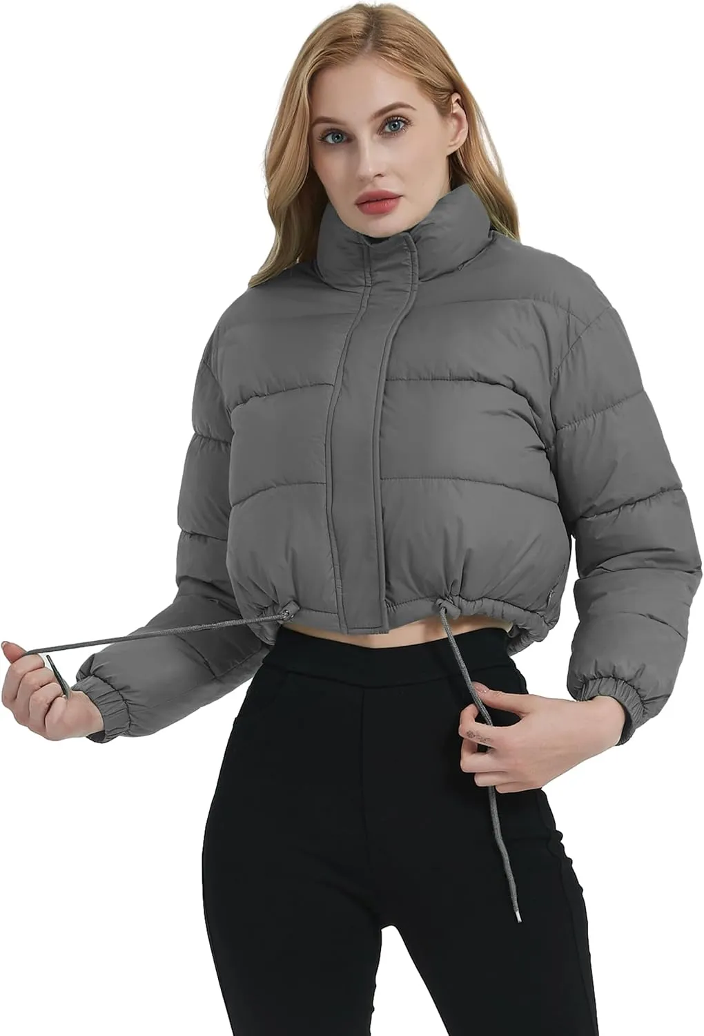 Kissonic Women's Cropped Puffer Jacket Full Zip Stand Collar Quilted Jacket Winter Coats with Pockets