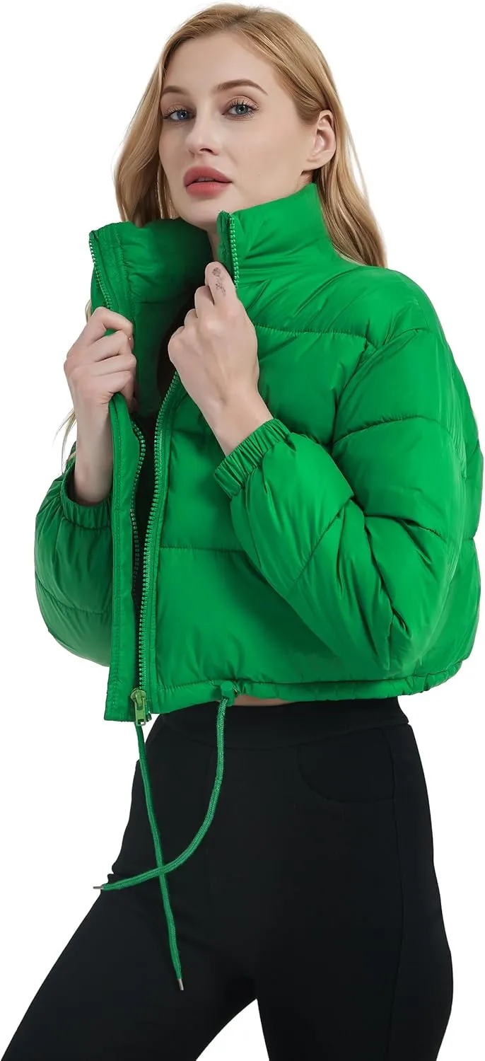 Kissonic Women's Cropped Puffer Jacket Full Zip Stand Collar Quilted Jacket Winter Coats with Pockets