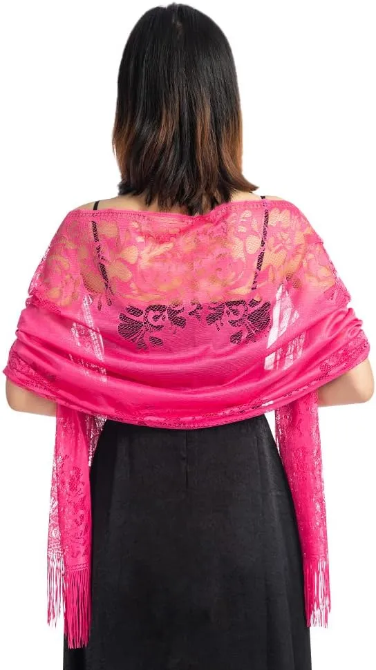 Ladiery Women's Floral Lace Scarf Shawl with Tassels, Soft Mesh Fringe Wraps for Wedding Evening Party Dresses