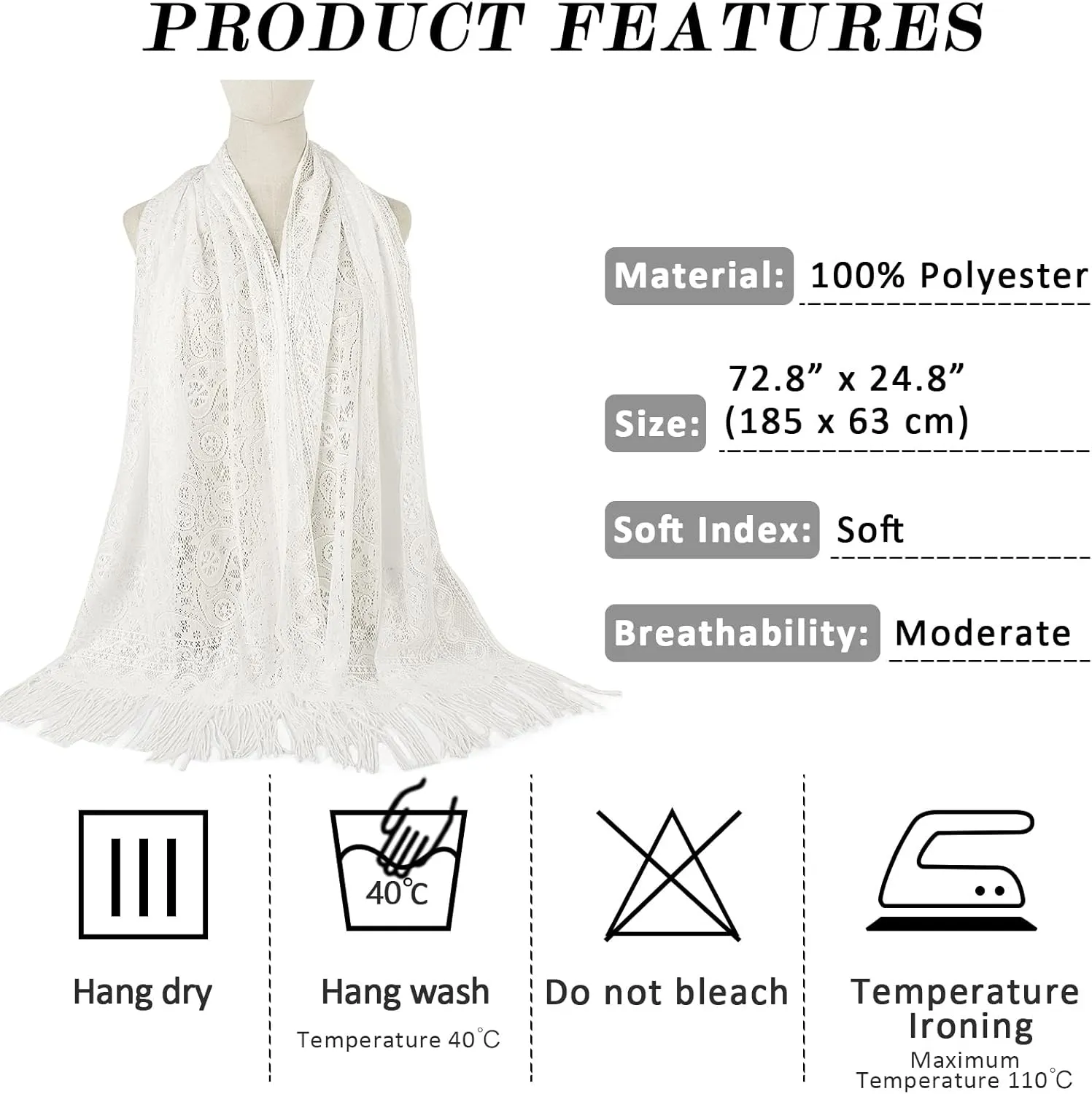 Ladiery Women's Floral Lace Scarf Shawl with Tassels, Soft Mesh Fringe Wraps for Wedding Evening Party Dresses