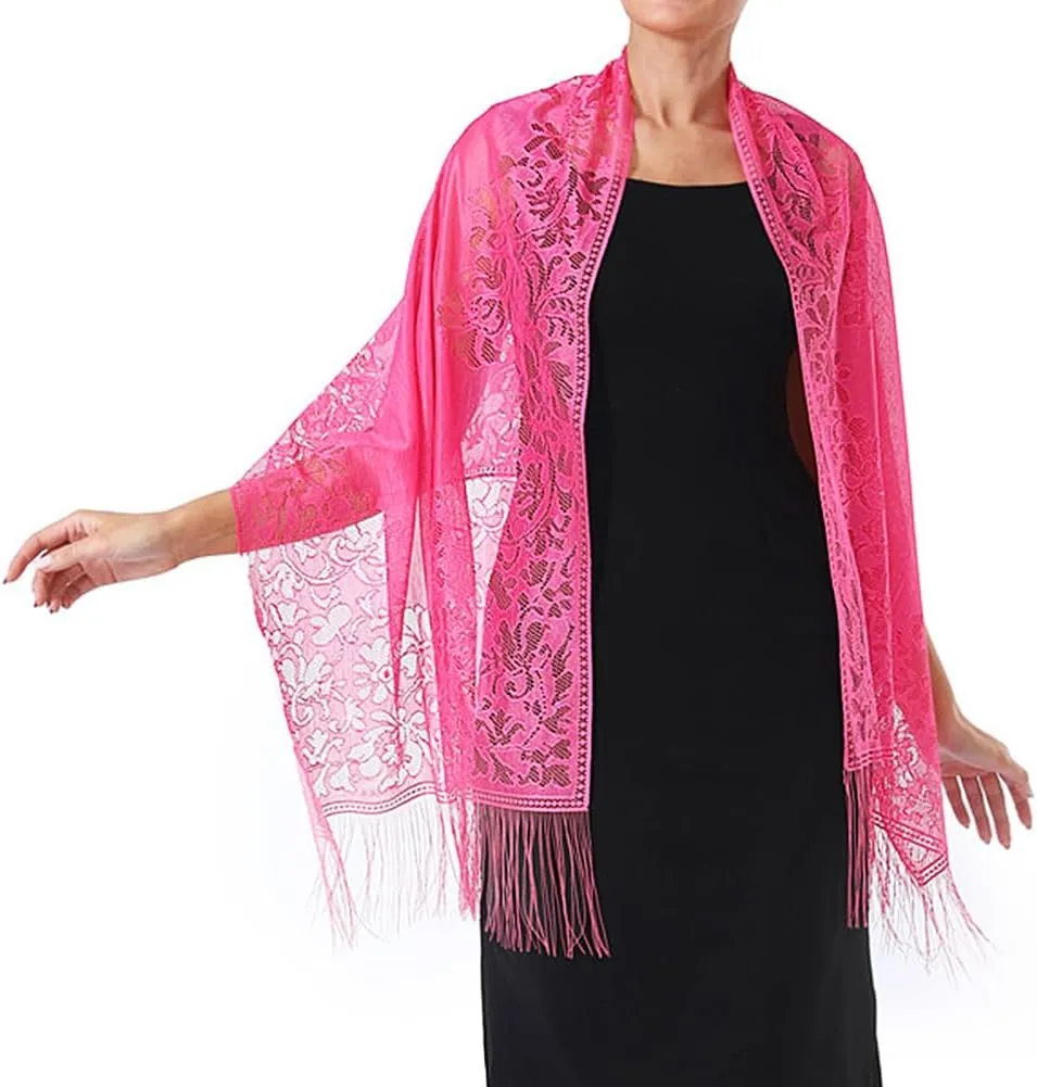 Ladiery Women's Floral Lace Scarf Shawl with Tassels, Soft Mesh Fringe Wraps for Wedding Evening Party Dresses