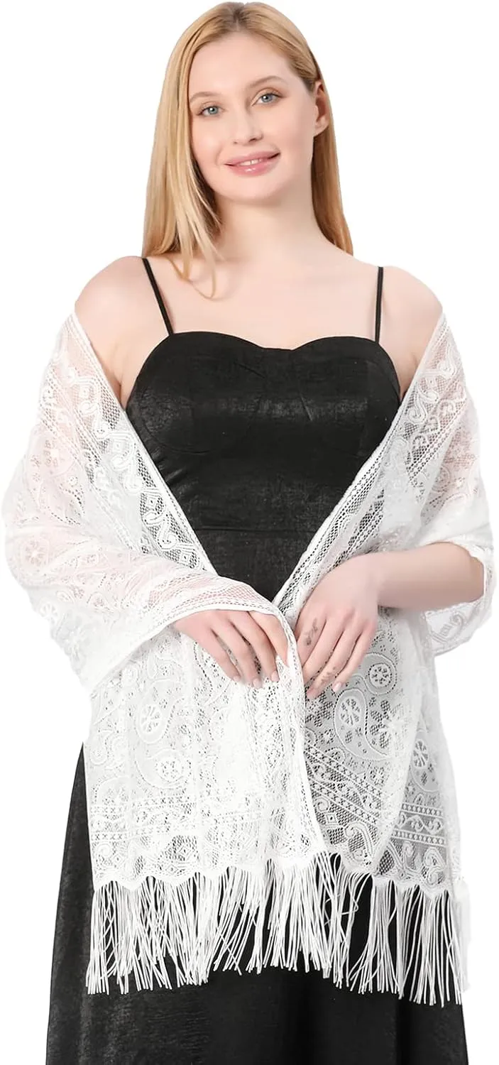 Ladiery Women's Floral Lace Scarf Shawl with Tassels, Soft Mesh Fringe Wraps for Wedding Evening Party Dresses