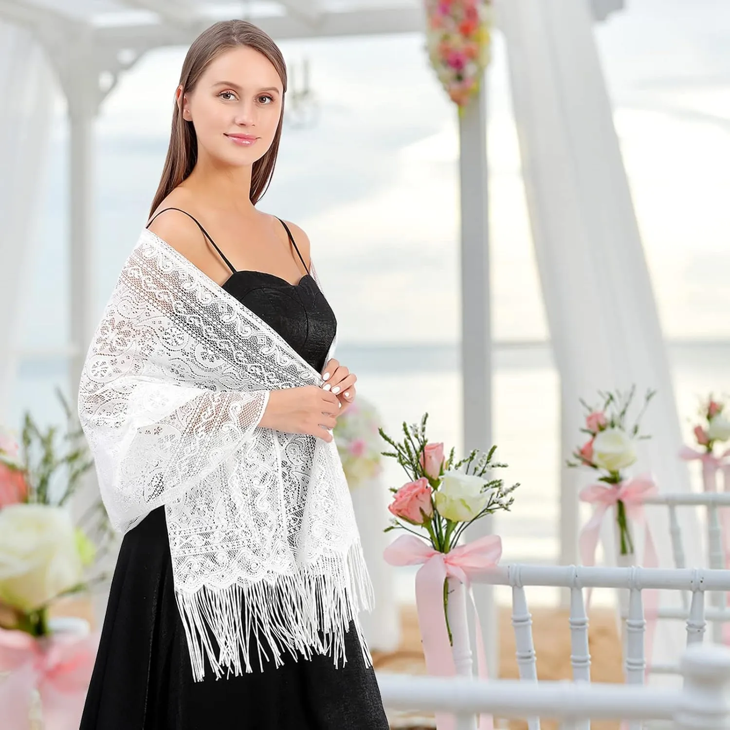 Ladiery Women's Floral Lace Scarf Shawl with Tassels, Soft Mesh Fringe Wraps for Wedding Evening Party Dresses