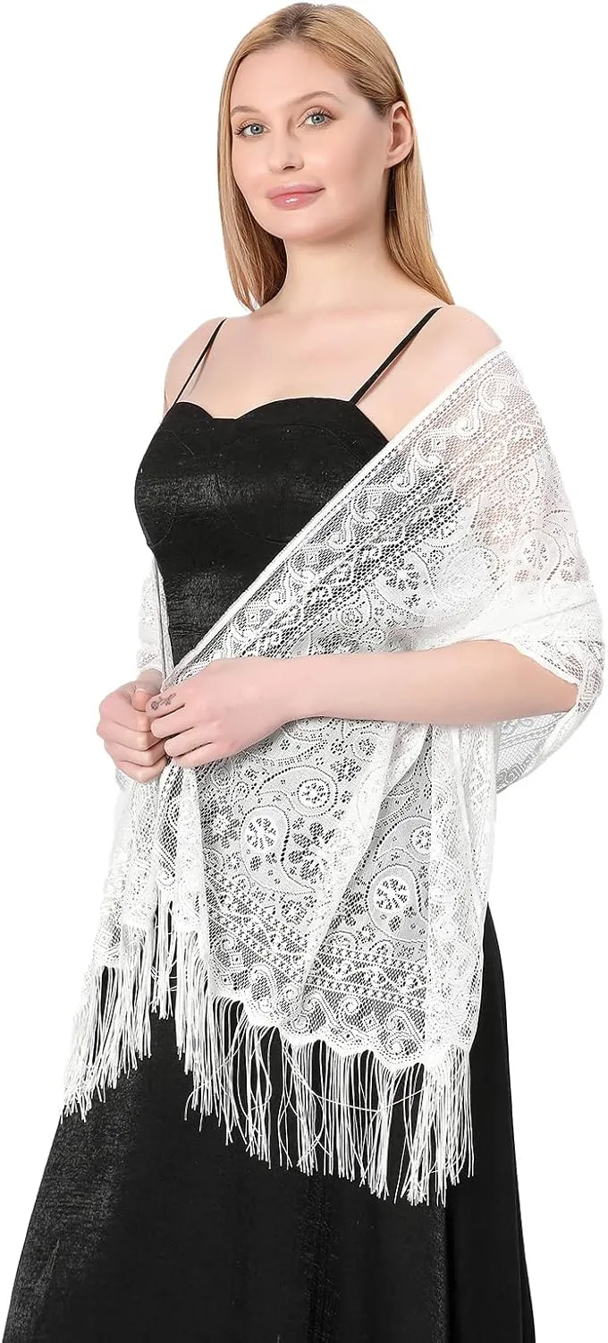 Ladiery Women's Floral Lace Scarf Shawl with Tassels, Soft Mesh Fringe Wraps for Wedding Evening Party Dresses
