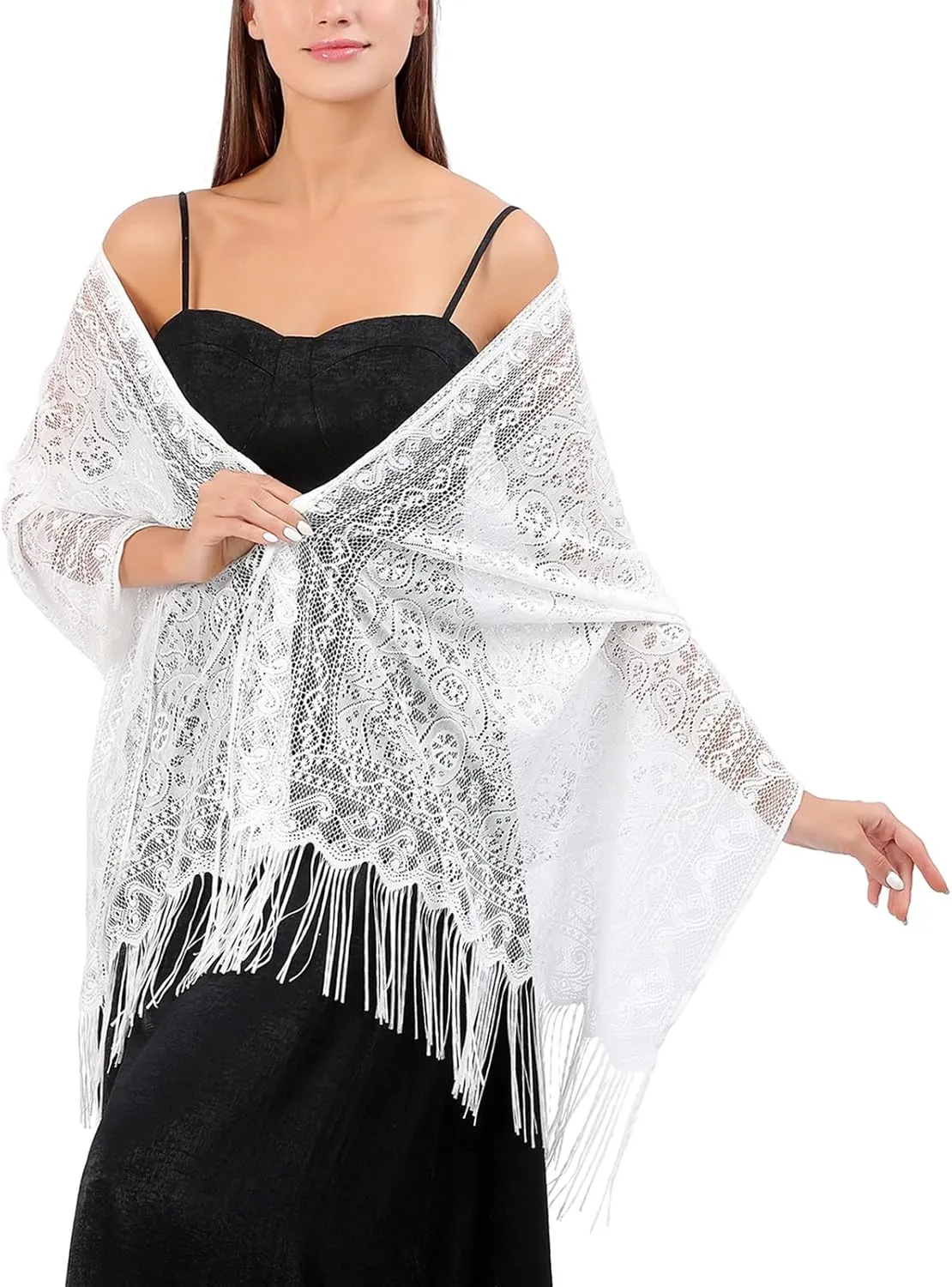 Ladiery Women's Floral Lace Scarf Shawl with Tassels, Soft Mesh Fringe Wraps for Wedding Evening Party Dresses