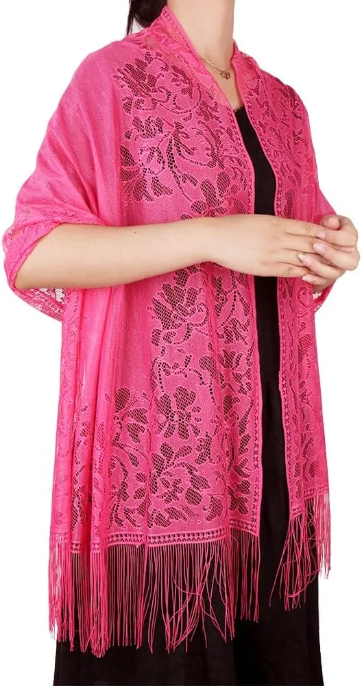 Ladiery Women's Floral Lace Scarf Shawl with Tassels, Soft Mesh Fringe Wraps for Wedding Evening Party Dresses