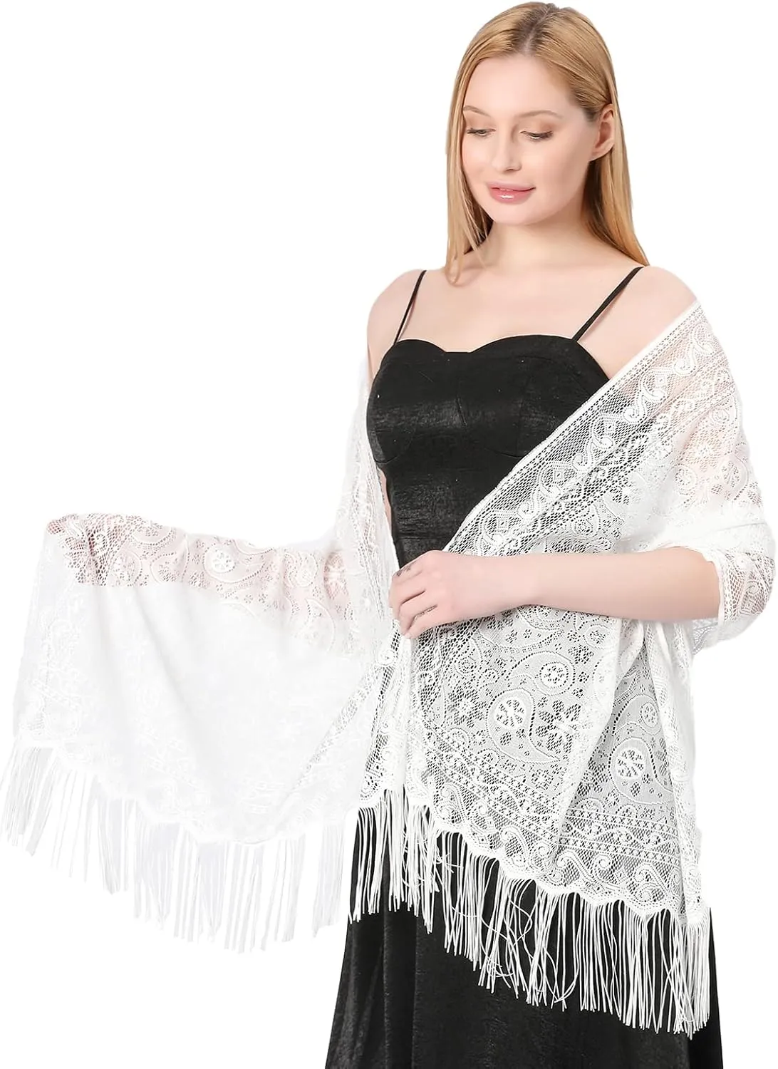 Ladiery Women's Floral Lace Scarf Shawl with Tassels, Soft Mesh Fringe Wraps for Wedding Evening Party Dresses