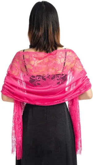 Ladiery Women's Floral Lace Scarf Shawl with Tassels, Soft Mesh Fringe Wraps for Wedding Evening Party Dresses