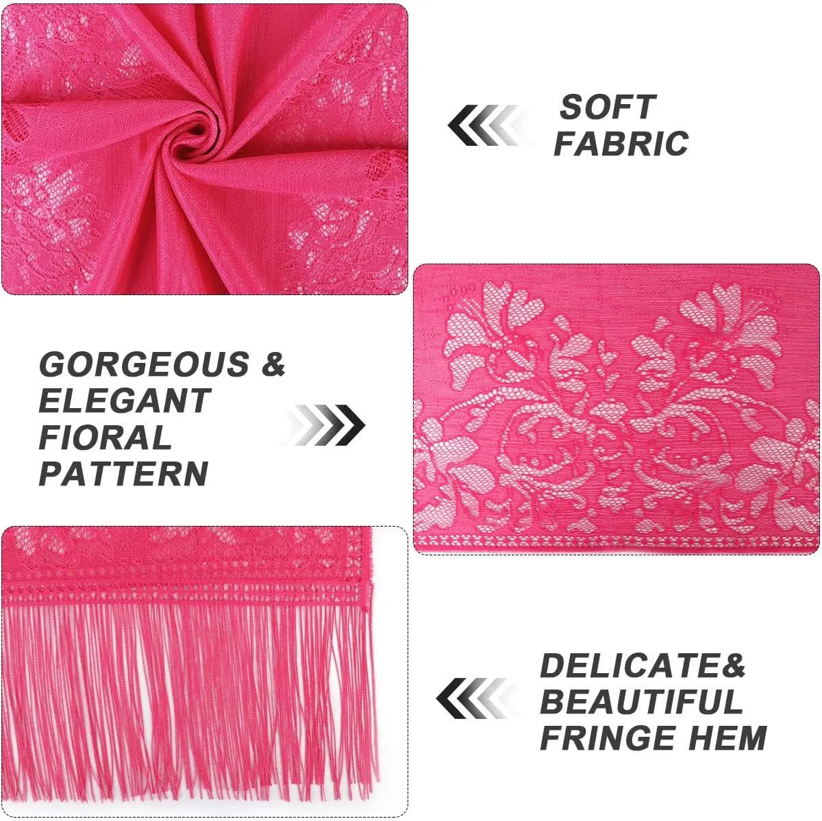 Ladiery Women's Floral Lace Scarf Shawl with Tassels, Soft Mesh Fringe Wraps for Wedding Evening Party Dresses