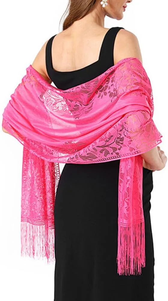 Ladiery Women's Floral Lace Scarf Shawl with Tassels, Soft Mesh Fringe Wraps for Wedding Evening Party Dresses