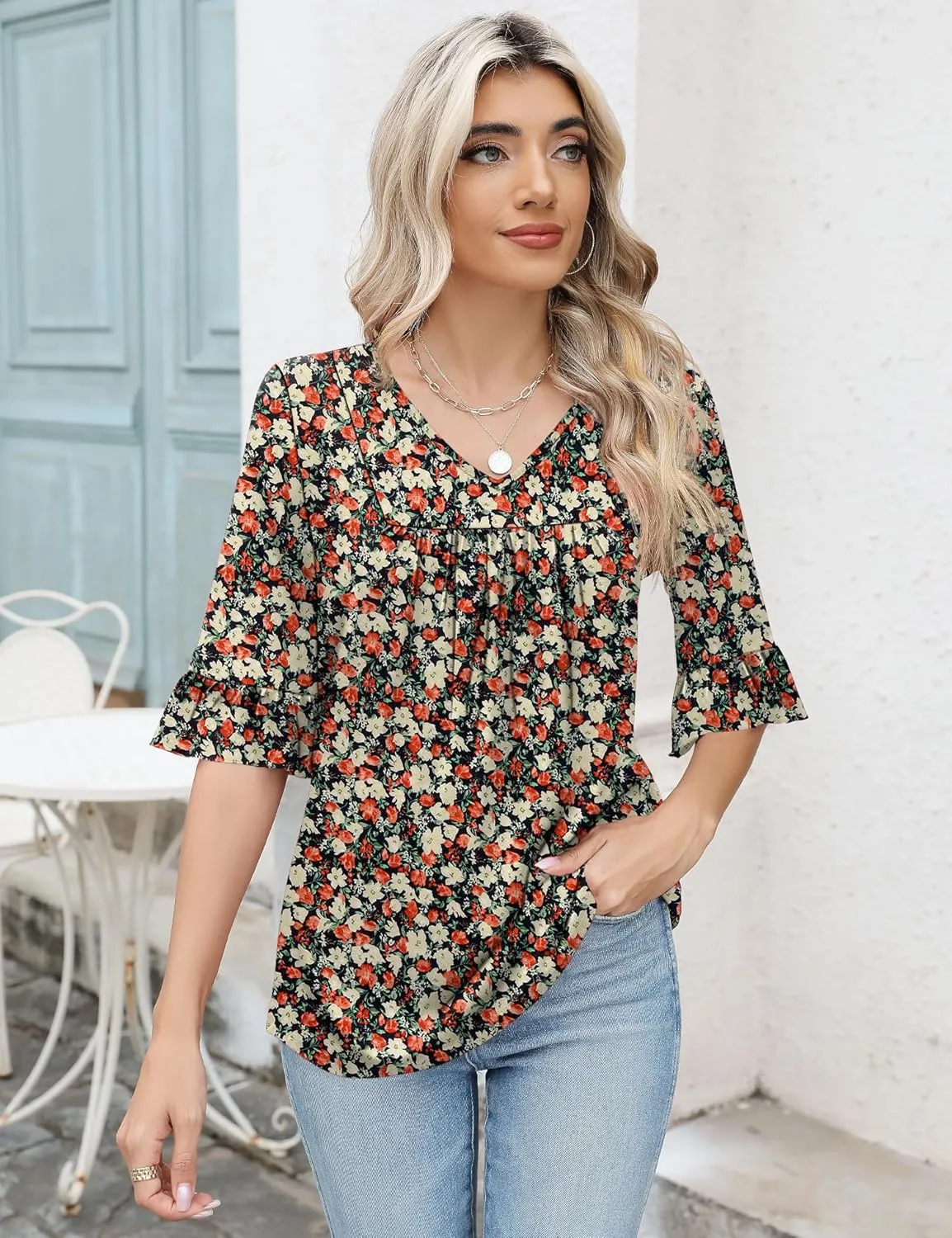 LOMON 3/4 Sleeve Tops for Women Summer Dressy Casual V Neck Shirts Ruffle Sleeve Loose Blouses