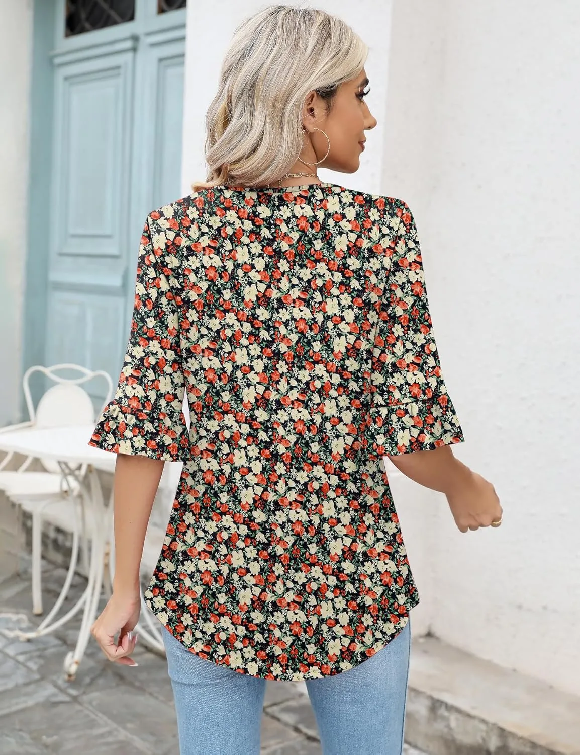 LOMON 3/4 Sleeve Tops for Women Summer Dressy Casual V Neck Shirts Ruffle Sleeve Loose Blouses