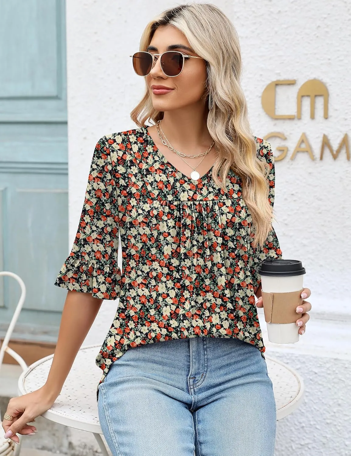 LOMON 3/4 Sleeve Tops for Women Summer Dressy Casual V Neck Shirts Ruffle Sleeve Loose Blouses