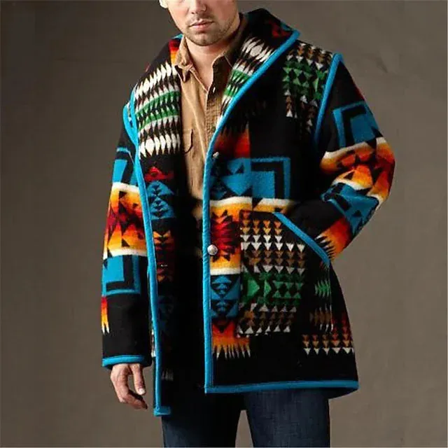 Men Polar Fleece Street Daily Fall Short Coat Loose Fit Warm Breathable Streetwear Casual Jacket Long Sleeve Geometric Pocket Black