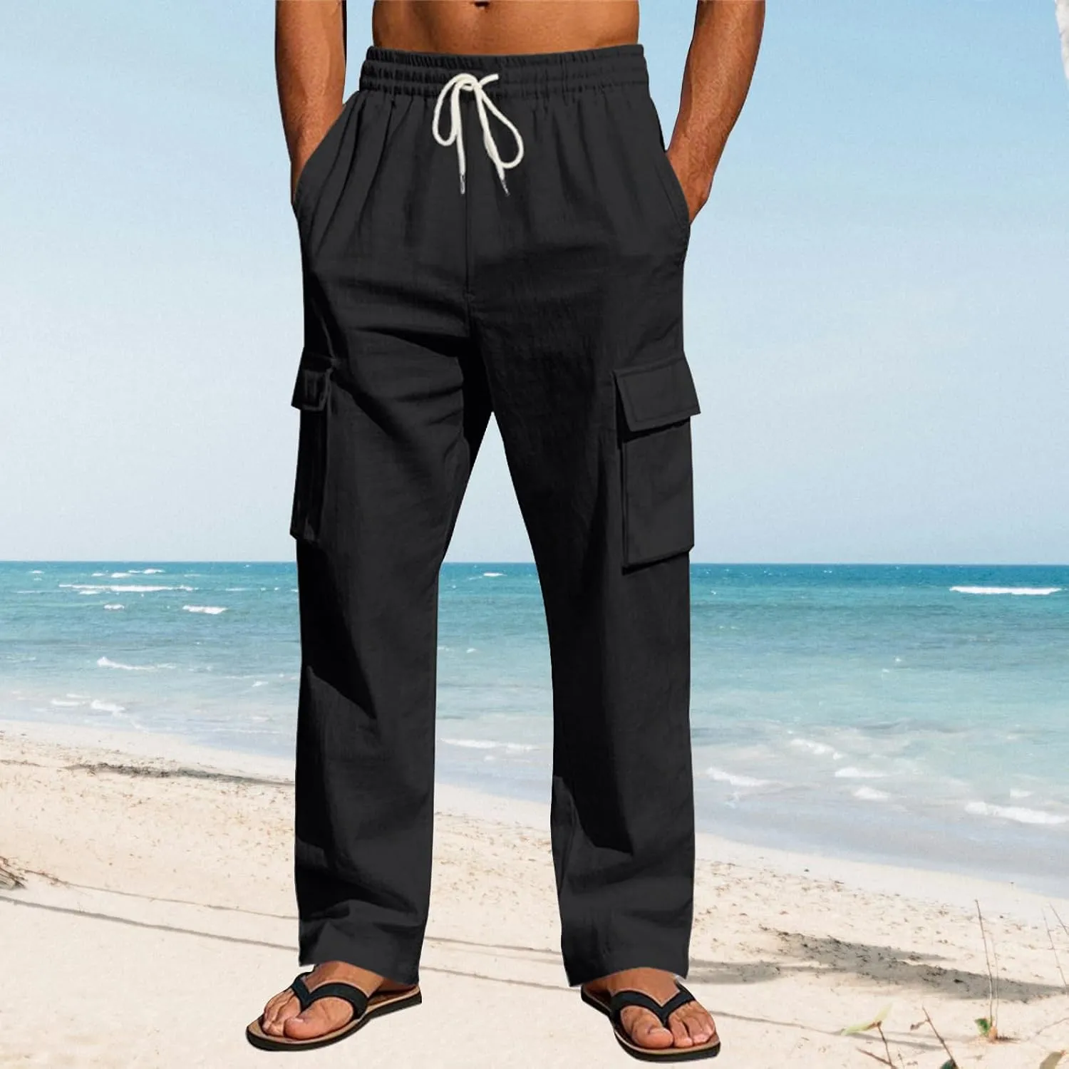 Mens Casual Elastic Waist Drawstring Lightweight Tapered Loose Straight Regular Fit Jogger Sweat Track Trousers Pants