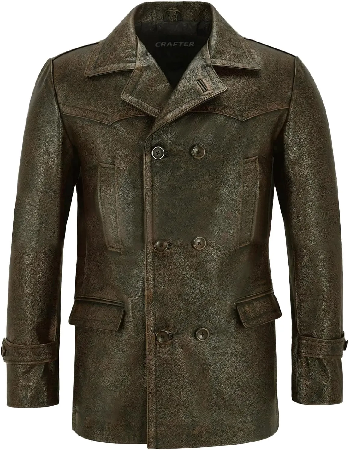 Men's Kriegsmarine German Ww2 Dr Who Reefer Hide Leather Jacket Coat Four Button Leather Car Coat - Pea Coat for Mens