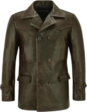 Men's Kriegsmarine German Ww2 Dr Who Reefer Hide Leather Jacket Coat Four Button Leather Car Coat - Pea Coat for Mens